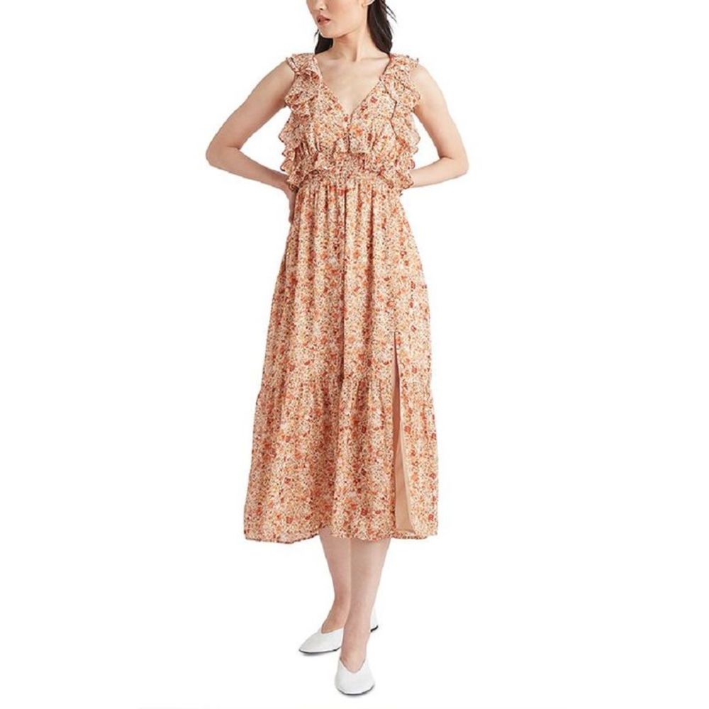 BLACK TAPE Dainty Floral V neck Sleeveless pink orange Fit and Flare midi dress - Picture 6 of 11
